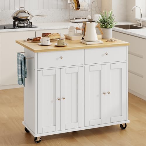 SUNLEI Kitchen Island with Storage, Kitchen Island on Wheels with Drop Leaf, Rolling Kitchen Island Cart with Cabinet and Drawers, Mobile Kitchen Storage Cart for Dining Room, White - style: White