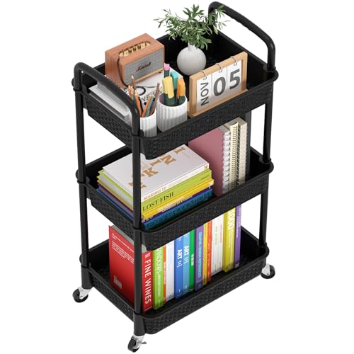 MOYIPIN 3-Tier Plastic Rolling Utility Cart with Handle,Utility Storage Cart for Office, Living Room, Kitchen,Movable Storage Organizer Shelves,Black - color: Black, size: 3-Tiers without cups