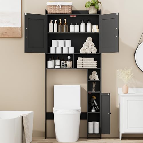 Homhedy Wooden Over The Toilet Storage Cabinet with Barn Door | Freestanding Bathroom Storage, Toilet Paper Holder, Adjustable Shelf,Space-Saving, Farmhouse Style, Black - color: Black