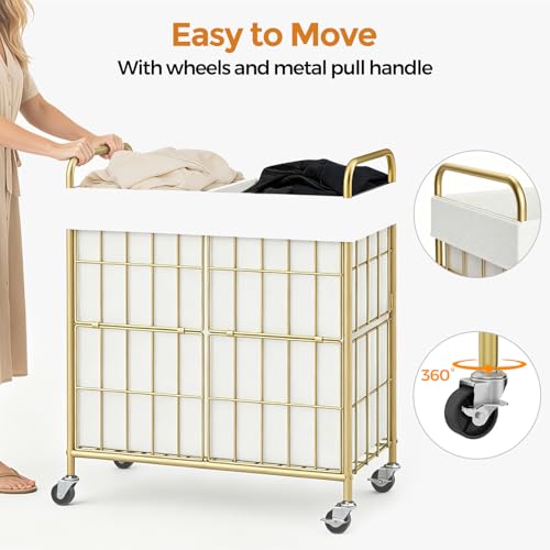 100L 2-Section Laundry Hamper with Wheels, Laundry Basket with Liner Bag | Lockable Casters; Divided Removable Liner; Reinforced Steel Frame; Metal Handle - color: Golden+White, size: 100L-2 Sections