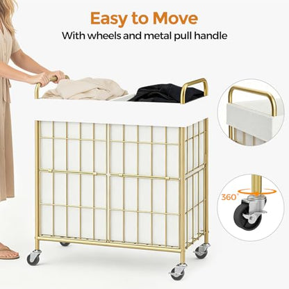 100L 2-Section Laundry Hamper with Wheels, Laundry Basket with Liner Bag | Lockable Casters; Divided Removable Liner; Reinforced Steel Frame; Metal Handle - color: Golden+White, size: 100L-2 Sections