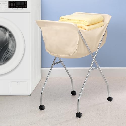 Laundry Cart With Wheels, Collapsible with Removable Liner, Rolling | Hamper Cart with Tubular Metal Frame, White Bag Included � Measures 23" x 18" x 32" - color: Laundry Cart