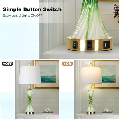 Rinweey Green Glass Table Lamp Set of 2 with USB C+A Ports & AC Outlet, Bedside Lamp, Modern Bedroom Lamps, Coastal Lamp for Night Stands Bedroom Living Room,Nightstand Lamp LED Bulbs Included - color: Green