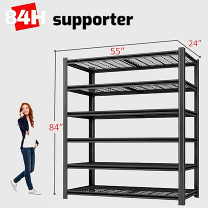 6 Tier Metal Shelving Unit, Adjustable Storage Shelves, 84" H x 55" W x 24" D Heavy Duty Garage Shelves for Warehouse, Basement, Kitchen, Pantry, Living Room, Black (6T 84 * 55 * 24) - size: 6T 55" W x 24" D x 84" H