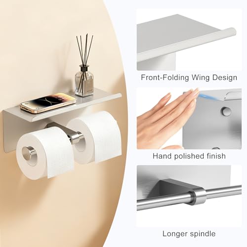 2 Pack Double Toilet Paper Holder with Shelf, Wall Mount Tissue Roll Holder for Bathroom, Heavy Duty 304 Stainless Steel Commercial Toilet Paper Dispenser with Phone Shelf - Brushed Nickel