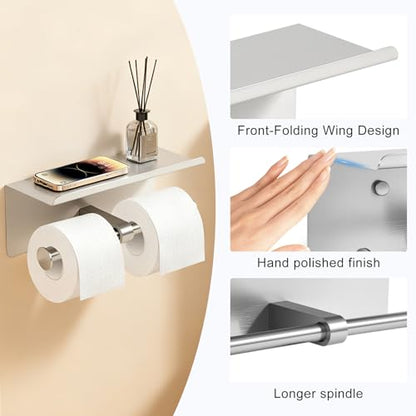 2 Pack Double Toilet Paper Holder with Shelf, Wall Mount Tissue Roll Holder for Bathroom, Heavy Duty 304 Stainless Steel Commercial Toilet Paper Dispenser with Phone Shelf - Brushed Nickel