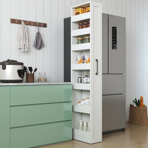 70'' Tall Narrow Storage Cabinet with Handle, 7 Tier Pull-Out Kitchen Pantry Cabinet, Slim Freestanding Organizers Shelf Spice Rack for Kitchen, Small Spaces (White, 7 Tier) - color: White, size: 7 Tier