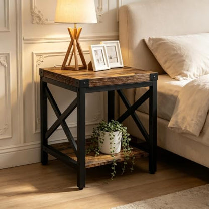 Industrial End Table for Living Room, 18" Large Square Side Table with 2-Tier Storage Shelf, X-Design Metal Frame, Rustic Brown Modern Farmhouse Nightstand Bedside Table for Bedroom Office
