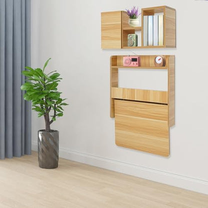 Wall Mounted Bookshelf with Moveable Cabinets, Multifunctional Folding Floating Desk, Fold Down Laptop Table with Storage Shelves for Bedroom Study Room Space Saving Small Space Garage (Light Walnut) - color: Light Walnut