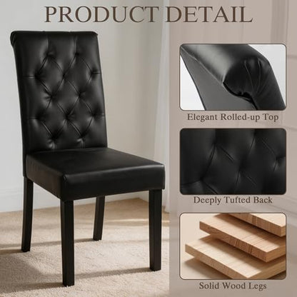 LSSBOUGHT Upholstered Dining Chairs Set of 2,Tufted Parsons Kitchen Chair with Solid Wood Legs, Modern PU Leather Side Chair for Dining Room/Restaurant(2pcs,Black) - color: Black-pu, size: Set of 2