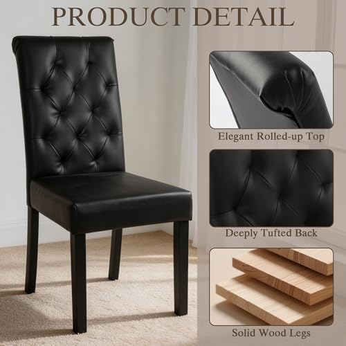 LSSBOUGHT Upholstered Dining Chairs Set of 4,Tufted Parsons Kitchen Chair with Solid Wood Legs, Modern PU Leather Side Chair for Dining Room/Restaurant(4pcs,Black) - color: Black-pu, size: Set of 4