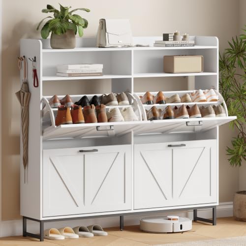 Xixini Shoe Storage Cabinet with 4 Flip Drawers, Entryway Shoe Rack, White | Narrow Slim Shoe Storage, Freestanding Hidden Wood Shoe Organizer, Modern Farmhouse, Open Storage & Hooks for Closet, Hallway - color: White, size: 4 Flip Drawers
