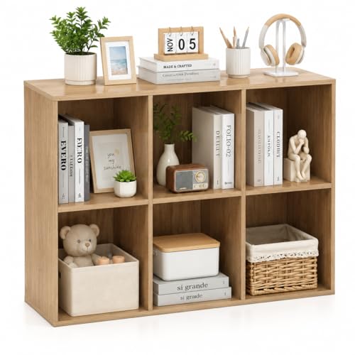 POWERSTONE 6 Cube Storage Organizer, Open Cube Bookshelf with Back Panels, Modern Display Cubby Bookcase for Bedroom Living Room Home Office, Natural - color: Natural, size: 6-Cube