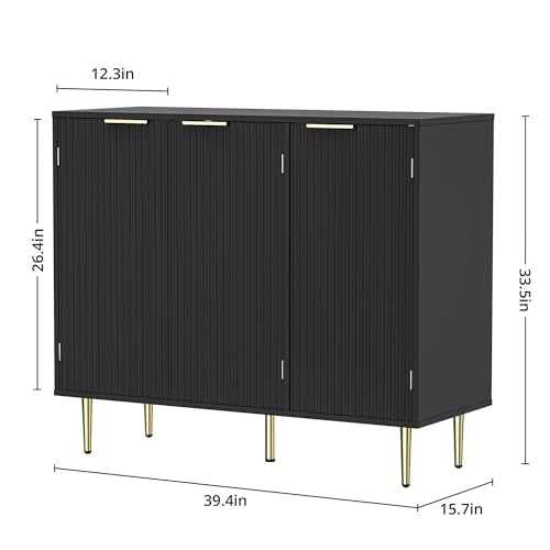 Housoul Fluted Sideboard Buffet Cabinet with 3 Doors, Black | Kitchen Storage Cabinet with Adjustable Shelves & Golden Handles, Modern Accent Cabinet, Coffee Bar for Kitchen, Living Room - color: Black