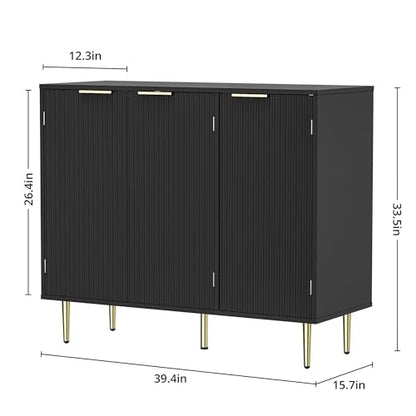 Housoul Fluted Sideboard Buffet Cabinet with 3 Doors, Black | Kitchen Storage Cabinet with Adjustable Shelves & Golden Handles, Modern Accent Cabinet, Coffee Bar for Kitchen, Living Room - color: Black