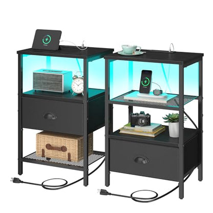 sthmec Nightstands Set of 2, LED Night Stands with Charging Station and Fabric Drawer, Bedside Tables with Drawers, 2- Tier LED Side Tables End Table Charging Station Bedroom, Black - color: Black, style: Power & LED