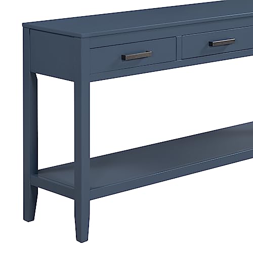 Merax Entryway Console Table with Storage, 3 Drawers Design/Wood Frame/Behind Couch & Sofa, Blue - color: Blue