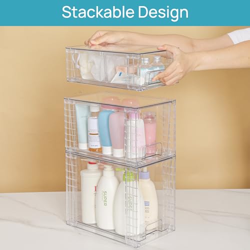 Vtopmart 3 Pack Clear Stackable Storage Drawers,Easy to Assemble Bathroom Organizers and Storage with handles,Plastic Drawers for Kitchen Pantry,Cabinet,Under Sink Organization | Tall, Medium and Small Pull-Out PET Drawers with Stackable Design for Bathro