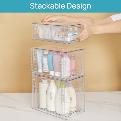 Vtopmart 3 Pack Clear Stackable Storage Drawers,Easy to Assemble Bathroom Organizers and Storage with handles,Plastic Drawers for Kitchen Pantry,Cabinet,Under Sink Organization | Tall, Medium and Small Pull-Out PET Drawers with Stackable Design for Bathro