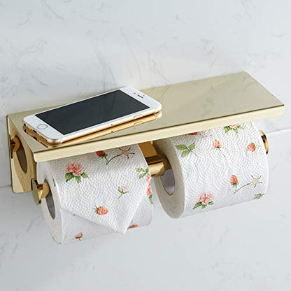 BGL Double Toilet Paper Holder Stainless Steel 304 Wall Mounted Two Heads Roll Tissue Holder with Shelf (Gold) - color: Gold