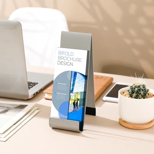 Yaocom 4 Pcs Metal Fancy Brochure Holder Display Flyer Brochure Holder Stand Table Vertical Countertop Literature Organizer for Booklets Pamphlet Magazine Menu Journals(Silver) - color: Silver