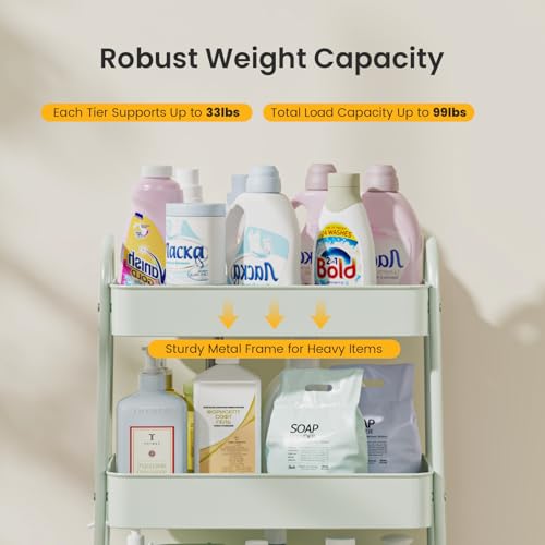 DUMOS 3 Tiers Metal Rolling Utility Cart with Lockable Wheels, Mobile Storage Organizer, Utility Shelving Unit for Kitchen, Office, Bathroom, Laundry, Narrow Places, Light Green - color: 3-tier Green
