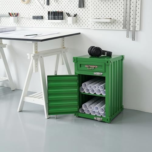 Industrial Metal Container Side Table, 3-Tier End Tables with Drawers, Bedside Table, Container Style Locker Wrought, Retro Style Metal Container Cabinet for Bar/Bedroom/Garage (Green) - color: Green