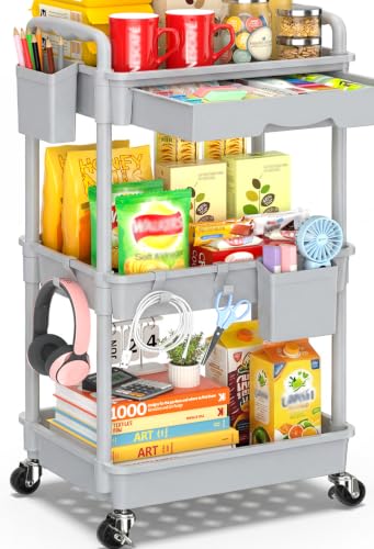 SUNALLY 3 Tier Rolling Cart with Drawer, Bathroom Storage Organizer with 2 Lockable Wheels, Multifunctional Rolling Storage Cart for Bathroom, Kitchen, Office, Craft, Makeup, Baby Essentials, Gray - color: Gray, size: 3 Tier