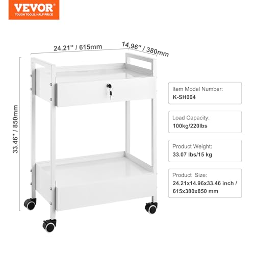 VEVOR Rolling Medical Cart with Lockable Drawer, White Paint Stainless Steel Utility Cart, 2 Tiers Mobile Esthetician Trolley Cart with Swivel Casters for Lab, Hospital, Dental, Salon and Beauty - size: 2-tier with 2 drawer