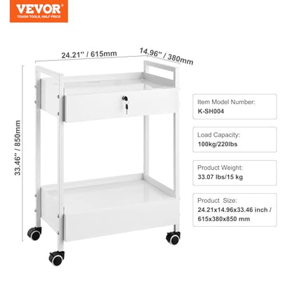 VEVOR Rolling Medical Cart with Lockable Drawer, White Paint Stainless Steel Utility Cart, 2 Tiers Mobile Esthetician Trolley Cart with Swivel Casters for Lab, Hospital, Dental, Salon and Beauty - size: 2-tier with 2 drawer