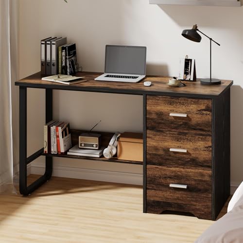 MaverickFurni Small Computer Desk with Drawers, 47 Inch Home Office Desk with 3 Drawers & Bottom Shelves, Study Desk with Storage for Bedroom, Writing and Work, Black and Brown