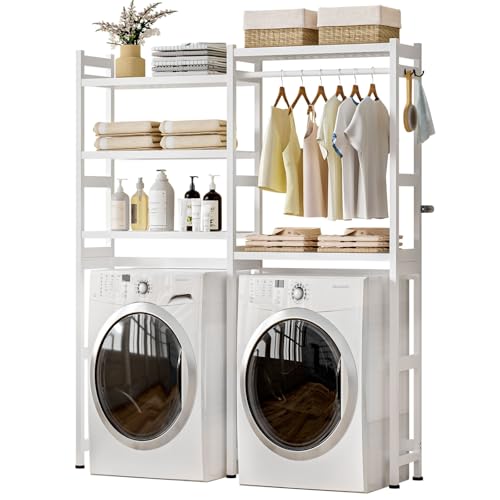 Cozivolife Over The Washer and Dryer Storage Shelf Bamboo,5 Tiers Laundry Room Drying Rack with Adjustable Shelves and 4 Hooks,Space Saver Organizer for Hanging Clothes and Towels (White) - color: White