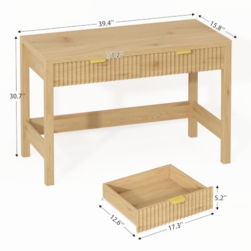 YOMILUVE Fluted Computer Desk with 2 Drawers, 39 Inch Small Computer Desk with Storage, Compact Writing Study Desk for Small Spaces - color: Oak