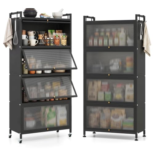 GIANTEX 5-Tier Kitchen Storage Cabinet, 4 PC Doors, Rolling Wheels (Black) | Mobile Metal Pantry Cabinet with 4 Hooks & Adjustable Feet, 60" Baker's Rack Microwave Stand for Dining & Living Room - color: Black, size: 27.5"Lx12.5"Wx60"H
