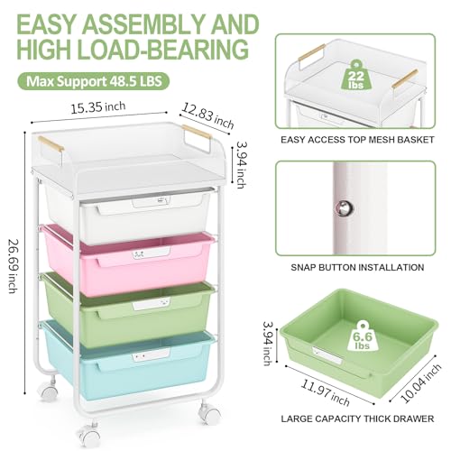 SYKIARIOL 4-Drawer Rolling Storage Cart with Mesh Top, Utility Craft Organizer Cart on Wheels with DIY Labels, Rolling Drawer Cart for Home Office Classroom Bedroom, Colourful - color: Rainbow