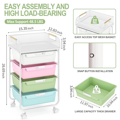 SYKIARIOL 4-Drawer Rolling Storage Cart with Mesh Top, Utility Craft Organizer Cart on Wheels with DIY Labels, Rolling Drawer Cart for Home Office Classroom Bedroom, Colourful - color: Rainbow