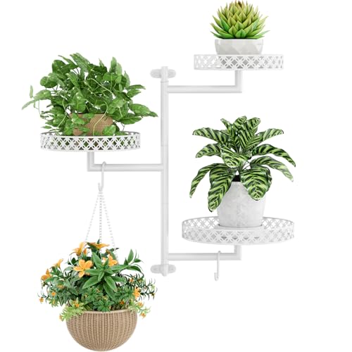 OVICAR Rotating Window Plant Shelves - Indoor Wall Plant Stand 3-Tier Floral Metal Window Shelf Holder for Multiple Plants with Hanging Hooks Home Decor White - color: White