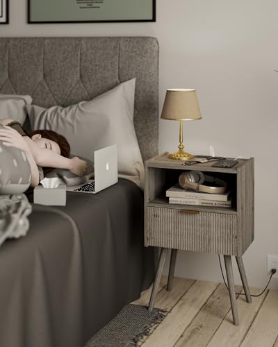 JOONEE Nightstand with Outlet,Modern Bedside Table with Storage Drawer and Open Wood Shelf, for Living Room, Bedroom and Small Spaces, Accent Night Stand with Solid Wood Legs, Easy Assembly,Grey Oak - color: Grey Oak-outlet