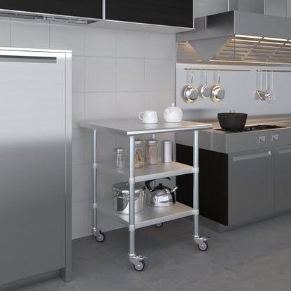 AmGood Stainless Steel Work Table with 2 Shelves and Casters | Metal Utility Table On Wheels (Stainless Steel Work Table with 2 Shelves + Casters, 30" Long x 30" Deep) - size: 30" Long x 30" Deep