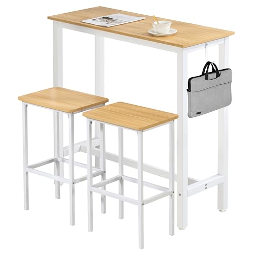Finnhomy Bar Table Set, 39.3" Pub Table High Top Table, Rectangular Bar Height Table, Bar Table with Stools, Kitchen Table Set for 2, Industrial Breakfast for Kitchen, Living Room, Oak Beige and White - color: Oak Beige+white, size: 39.3" Bar Table