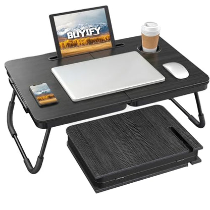 BUYIFY 23.4" Foldable Lap Desk Bed Table with Cup Holder Portable Tray | Folds Flat for Easy Storage, No Assembly Laptop Bed Desk, Sturdy and Lightweight, Patent Design, Deep Black - color: Deep Black