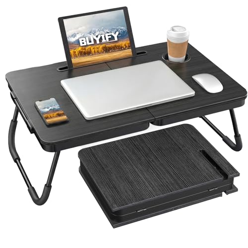 BUYIFY 23.4" Foldable Lap Desk Bed Table with Cup Holder Portable Tray | Folds Flat for Easy Storage, No Assembly Laptop Bed Desk, Sturdy and Lightweight, Patent Design, Deep Black - color: Deep Black