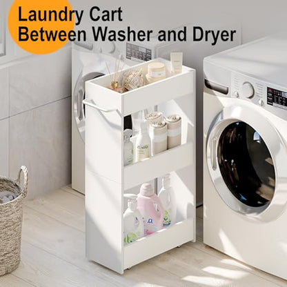 MARTY Slim Rolling Storage Cart 7.9" W Laundry Cart with Wheels,Wood, White | Narrow Utility Cart Between Washer and Dryer, 3 Tier Mobile Shelving Unit for Kitchen, Laundry, Bathroom, Office, Living Room - color: White