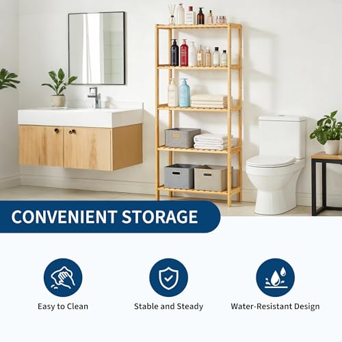 IDEALHOUSE Bamboo Storage Shelf, 5-Tier Freestanding Bathroom Organizer, Narrow Corner Shelving Unit for Entryway, Bathroom, Living Room, Balcony, Kitchen, Natural Bamboo, Widen-Wood