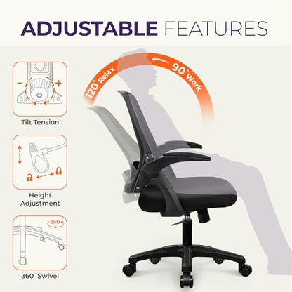 NEO CHAIR Office Desk Chair Computer Gaming Ergonomic Lumbar Back Support with Flip-up Padded Armrest Adjustable Height and Wheels for Home Vanity Bedroom Study (All Black) - color: All Black
