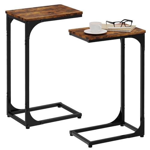 C Shaped End Tables Couch Table TV Trays Set of 2, 7" Wide, Rustic Brown | Small Thin Side Table Skinny Slide Under Couch Tray Tables for Sofa Bedroom Small Space - color: Rustic Brown, size: 7" Width