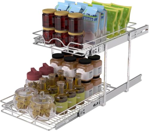 OCG 2 Tier Pull Out Cabinet Organizer (12.5" W x 18" D), Pull Out Drawers for Kitchen Cabinets, Pull Out Shelves for Base Cabinet Organization in Kitchen Bathroom Pantry, Chrome Finish - size: 12.5"W x 18"D, 2 Tier