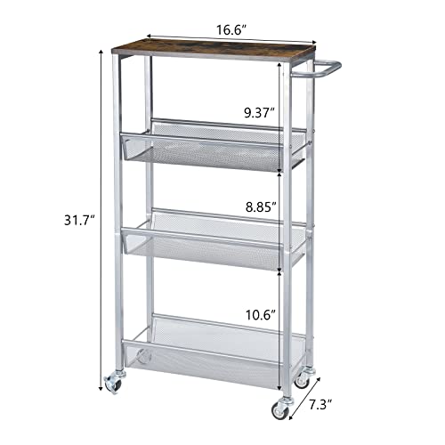 NANANARDOSO 4-Tier Slim Rolling Cart with Wood Top, Narrow Storage Organizer with Wheels & Handle for Kitchen Bathroom Laundry Room, Black, Silver. - size: 4 Tier(Silver)