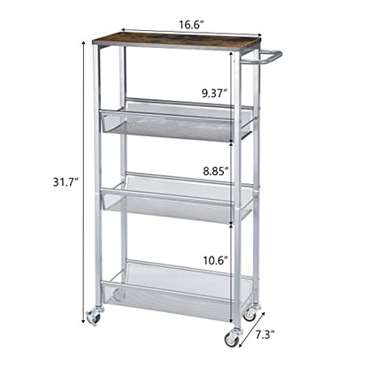 NANANARDOSO 4-Tier Slim Rolling Cart with Wood Top, Narrow Storage Organizer with Wheels & Handle for Kitchen Bathroom Laundry Room, Black, Silver. - size: 4 Tier(Silver)