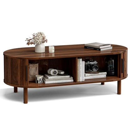 ZttRiee Oval Coffee Table with Sliding Doors, Mid-Century, Walnut | 47.24"L x 21.65"W x 16.14"H, 200 lbs capacity, 2 front & back storage areas, ~60 min assembly - color: Walnut_lsj032-wa